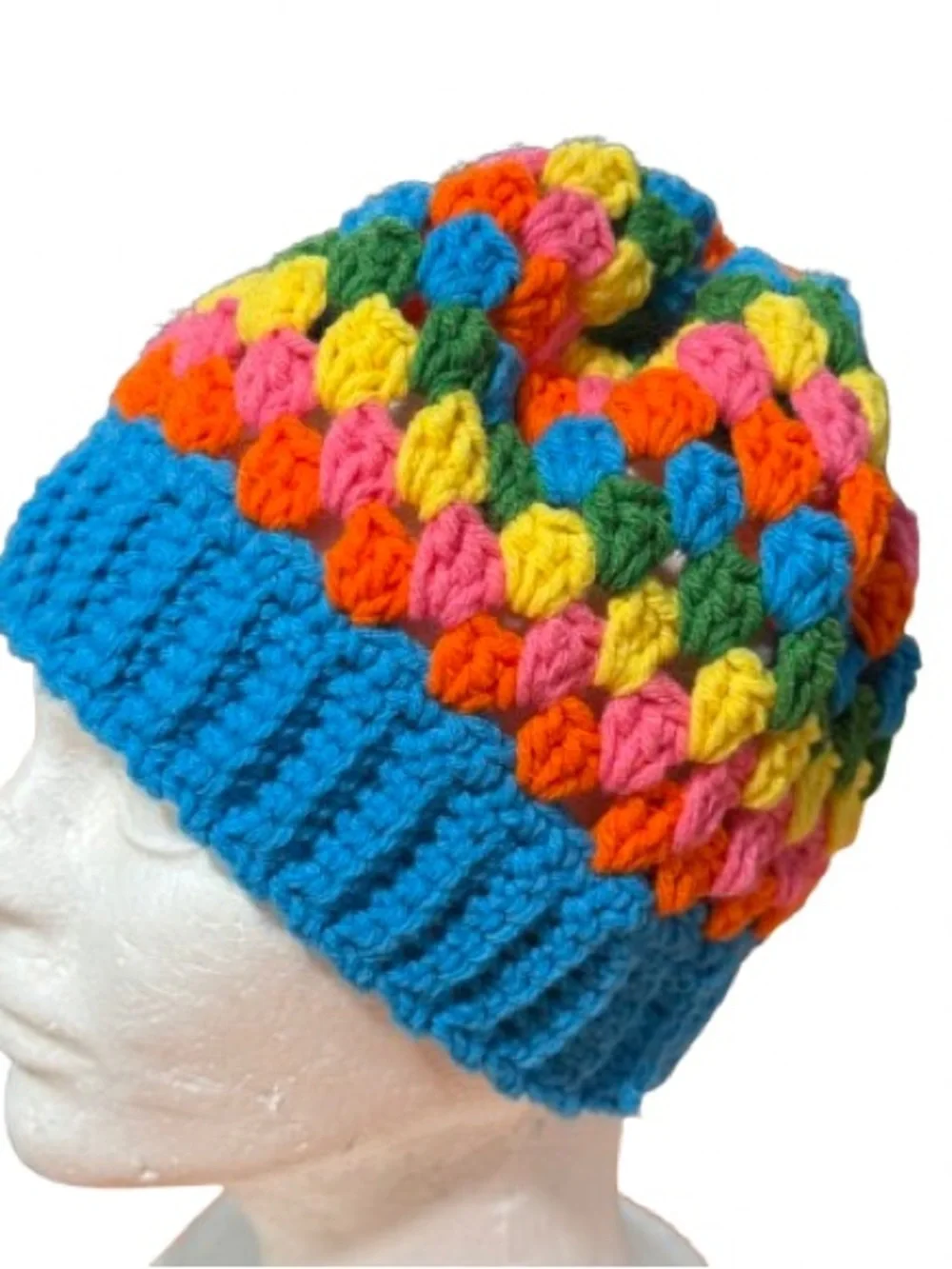 Handmade Rainbow granny Stitch Crochet Beanie | Slouchy Winter Hat | OOAK